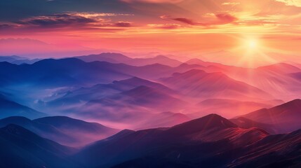 Obraz premium Breathtaking sunrise over rolling mountains, showcasing vibrant hues of orange, purple, and blue in the serene landscape.