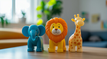 Colorful plastic toy animals including elephant, lion and giraffe on a table in children's playroom.