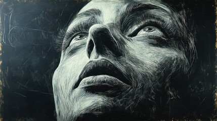 Chalk woman portrait, upward gaze, dark background, art print