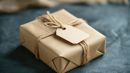 Eco-style gift wrapped in brown craft paper with rustic jute string and blank white tag, symbolizing natural simplicity, sustainable gifting, and handmade holiday charm.mock up, banner.copy space