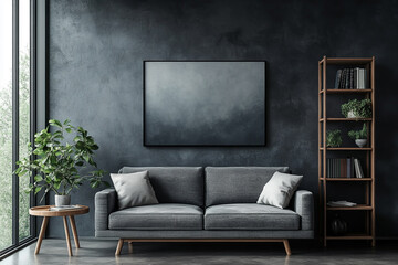 Modern interior design of a living room with a gray sofa, side table, and bookcase near a window. A black wall mockup for artwork or poster print presentation, in the style