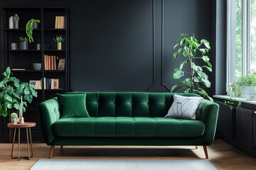 Modern interior design of a living room with a green sofa, side table, and bookcase near a window. Black wall mockup background. Minimalist home decor concept