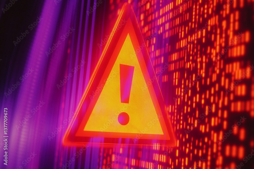 Poster glowing orange triangular warning sign with exclamation mark, set against a blurred background of re