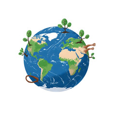 Growing Our World: Earth with small trees growing from it, symbolizing environmental conservation and sustainability in a hopeful illustration. 
