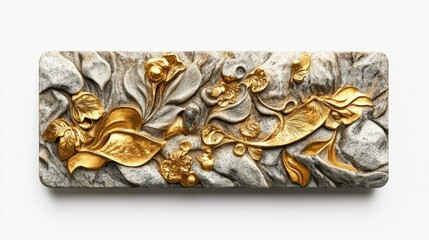 Decorative stone panel showcasing gilded botanical relief patterns and designs