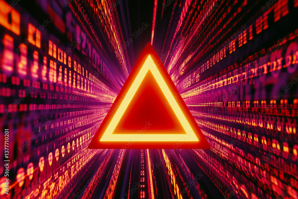 Poster red glowing triangle in a tunnel of digital code, representing data security, warning, or technologi