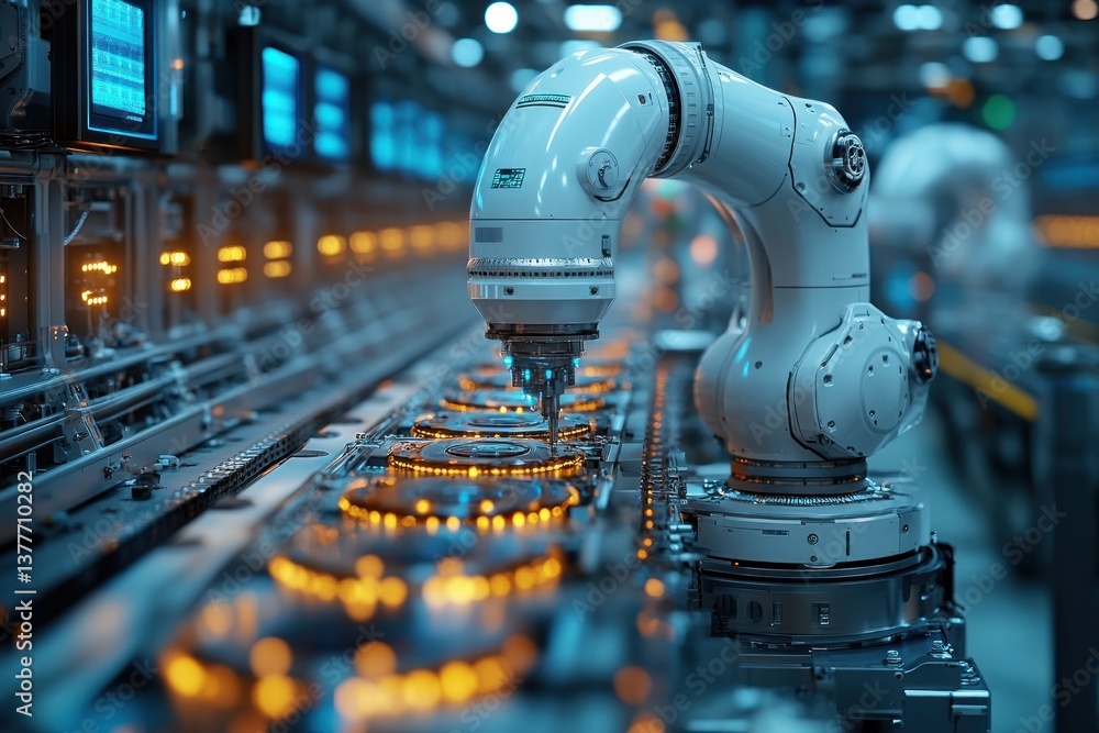 Poster robotic arm assembling components on production line in factory