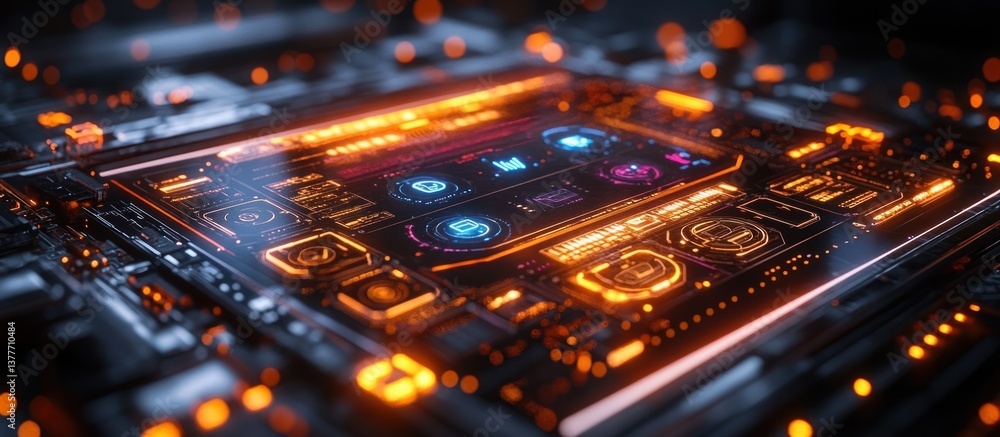 Poster futuristic circuit board glowing with data