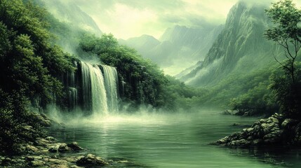 Fototapeta premium Misty Mountain Waterfall, Lush Valley, Peaceful Scene