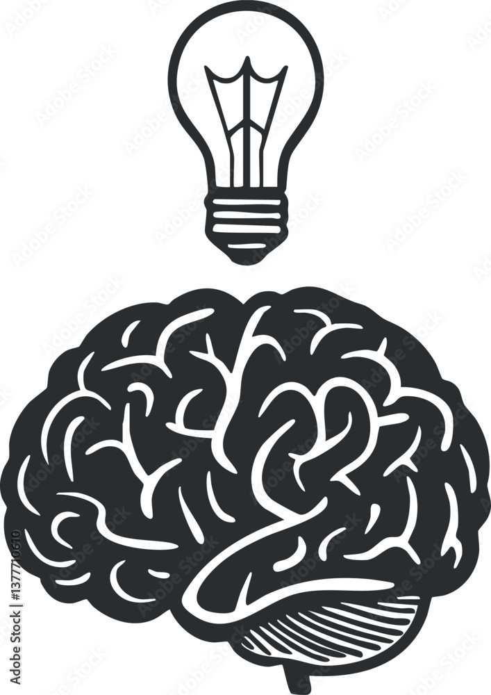 Poster illustration of a brain with a lightbulb symbolizing idea generation and creativity.