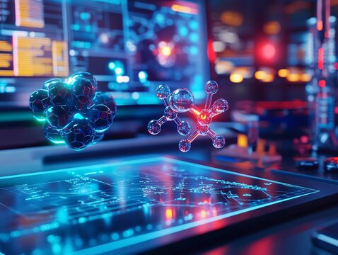 Dynamic synthesis of artificial hormones in a futuristic lab environment digital conceptual visualization - Powered by Adobe