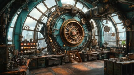 High-tech steampunk workshop with panoramic city views