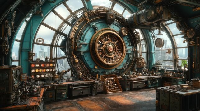 High-tech steampunk workshop with panoramic city views
