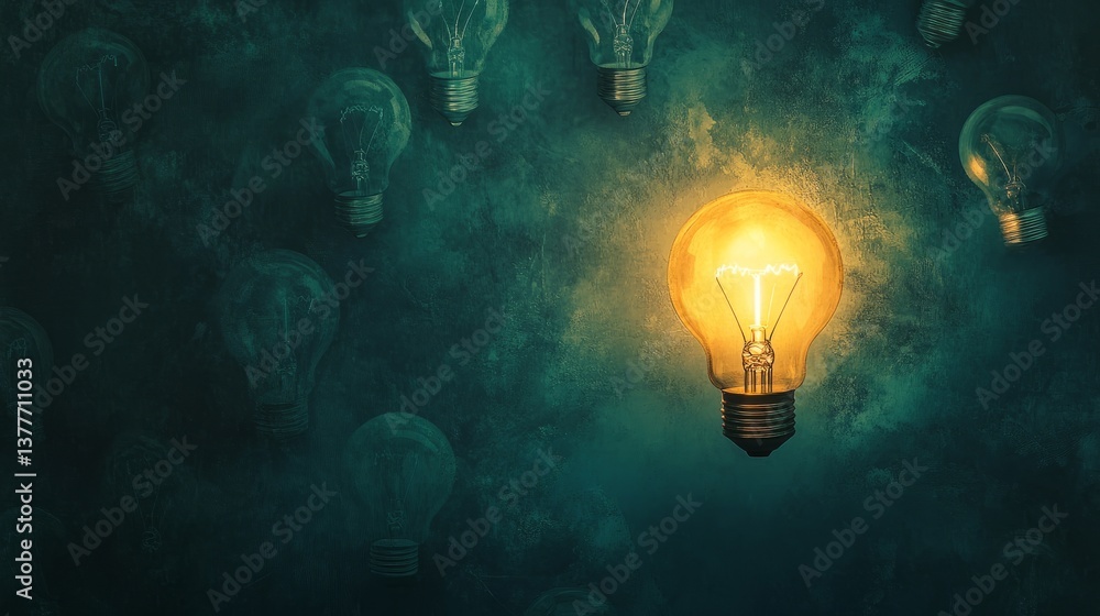 Poster a lone glowing lightbulb shines while the rest remain off, symbolizing out-of-the-box thinking and s