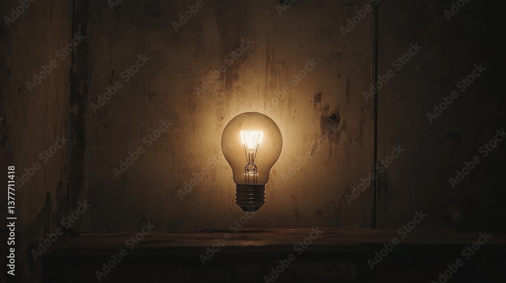 Poster a striking image of a single lit lightbulb in a dark room, emphasizing innovation and problem-solvin