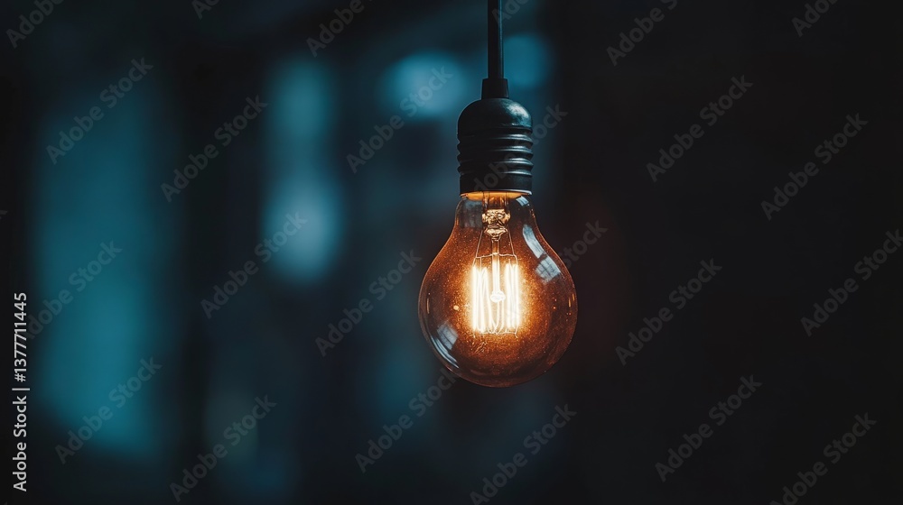 Poster a striking image of a single lit lightbulb in a dark room, emphasizing innovation and problem-solvin