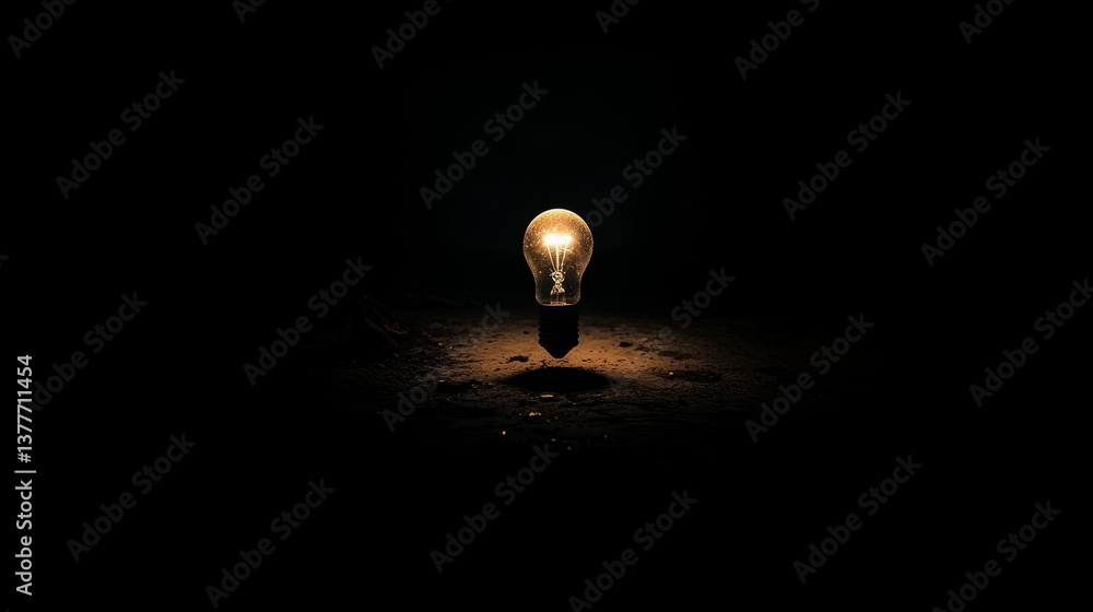 Poster a striking image of a single lit lightbulb in a dark room, emphasizing innovation and problem-solvin