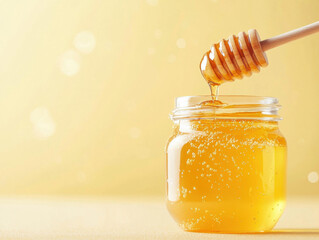 beautiful honey dipper drips golden honey into glass jar, creating warm and inviting scene. soft yellow background enhances sweetness and richness of honey