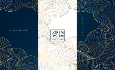Vector set of line cloud golden patterns, chinese, japanese wave smoke textures, asian curve cards. Luxury premium abstract posters, art, labels, package