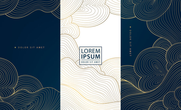 Vector set of line cloud golden patterns, chinese, japanese wave smoke textures, asian curve cards. Luxury premium abstract posters, art, labels, package