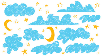 Set of hand drawn doodle clouds and stars. Vector crayon drawn clouds cute stars in kids style. Hand drawn blue cloud. Naive style childish elements. Various pencil childish icons, weather elements.