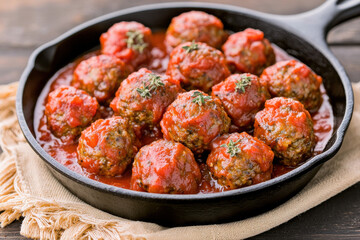 Savory meatballs in rich tomato sauce served in a cast iron skillet.