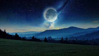 dreamy night landscape with oversized moon, sparkling stars, and rolling green hills under a twilight sky, perfect for fantasy artwork and surreal nature themed designs
