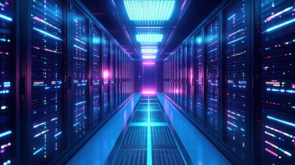 Obraz premium Rows of illuminated servers create a vibrant atmosphere in a data center. Colored lights reflect off sleek surfaces, showcasing future technology and innovation in the digital age