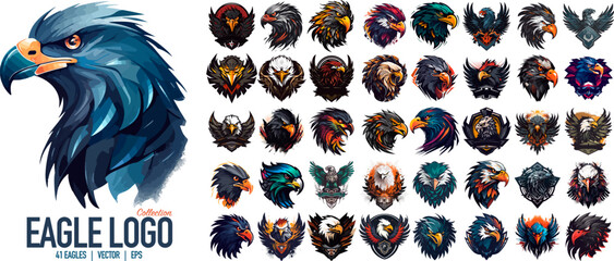 Eagle or Hawk logo template set. Furious eagle sport vector logo concept isolated on white background. Wild bird t-shirt print illustration. 41 Eagle logo collection.