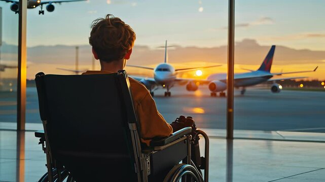 Child in wheelchair watches planes at sunset in airport