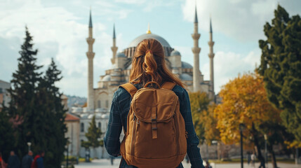 A woman with a backpack walking towards the blue mosque in istanbul on a sunny day with trees around