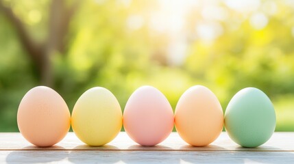 A row of colorful Easter eggs on a wooden table with soft sunlight, ideal for festive spring campaigns with ,