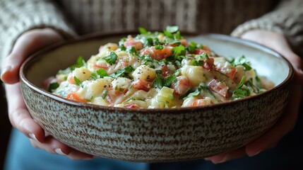 Freshly Made Salad with Vegetables and Herbs in Bowl