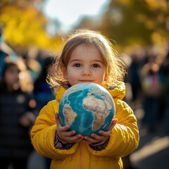 Naklejka premium Child Holding Globe in a Crowded Outdoor Environment with Trees