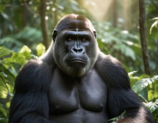 Naklejka premium A large gorilla sits in a forest, looking at the camera