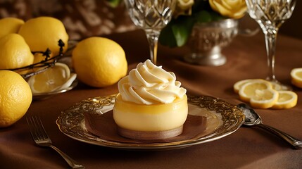 Naklejka premium Delicious lemon mousse on a brown tablecloth and table background