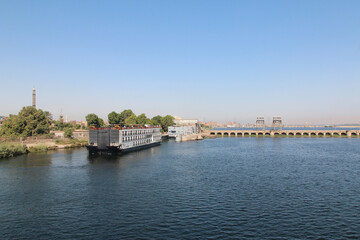 View of cruise ships queuing to pass through the Esna Lock on the River Nile, Egypt
