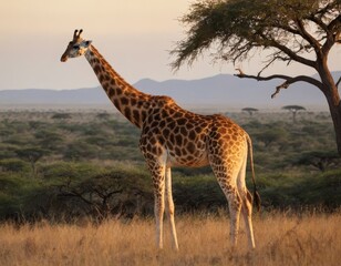 Obraz premium A giraffe stands in a field of tall grass next to a tree