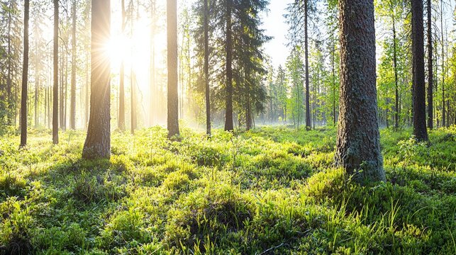 A misty spring morning in a forest with rays of sunlight filtering through trees, offering a magical setting with blank margins,