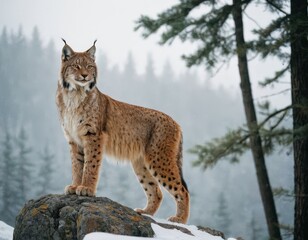 A brown and white lynx cat stands on a snowy rock