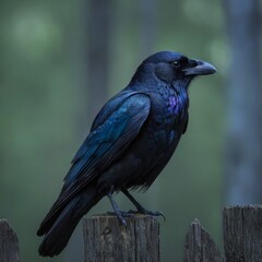Fototapeta premium A black crow is perched on a wooden fence post