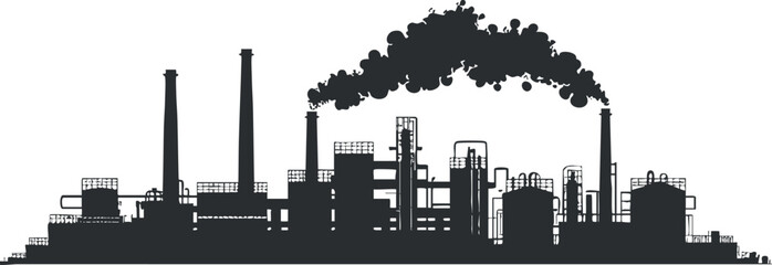 Obraz premium Silhouette of an industrial factory with chimneys emitting smoke, symbolizing urban pollution.