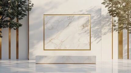 A serene architectural space with marble accents and natural elements