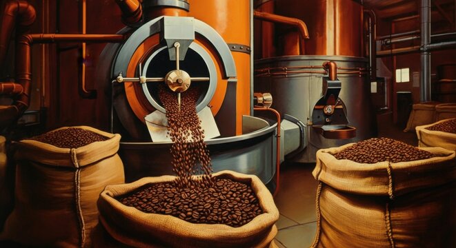 Coffee beans being processed in a roasting facility in early morning light
