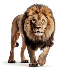 Obraz premium Majestic Lion's Stroll: A commanding male lion, his magnificent mane ablaze in hues of gold, confidently strides forward, his powerful gaze fixed upon the viewer.