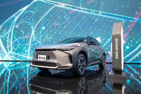 Tangerang, Banten, Indonesia, July 20, 2024. All new Toyota BZ4X BEV (Battery Electric Vehicle) vehicles showcased at the 2024 Gaikindo Indonesia International Auto Show (GIIAS) automotive event.