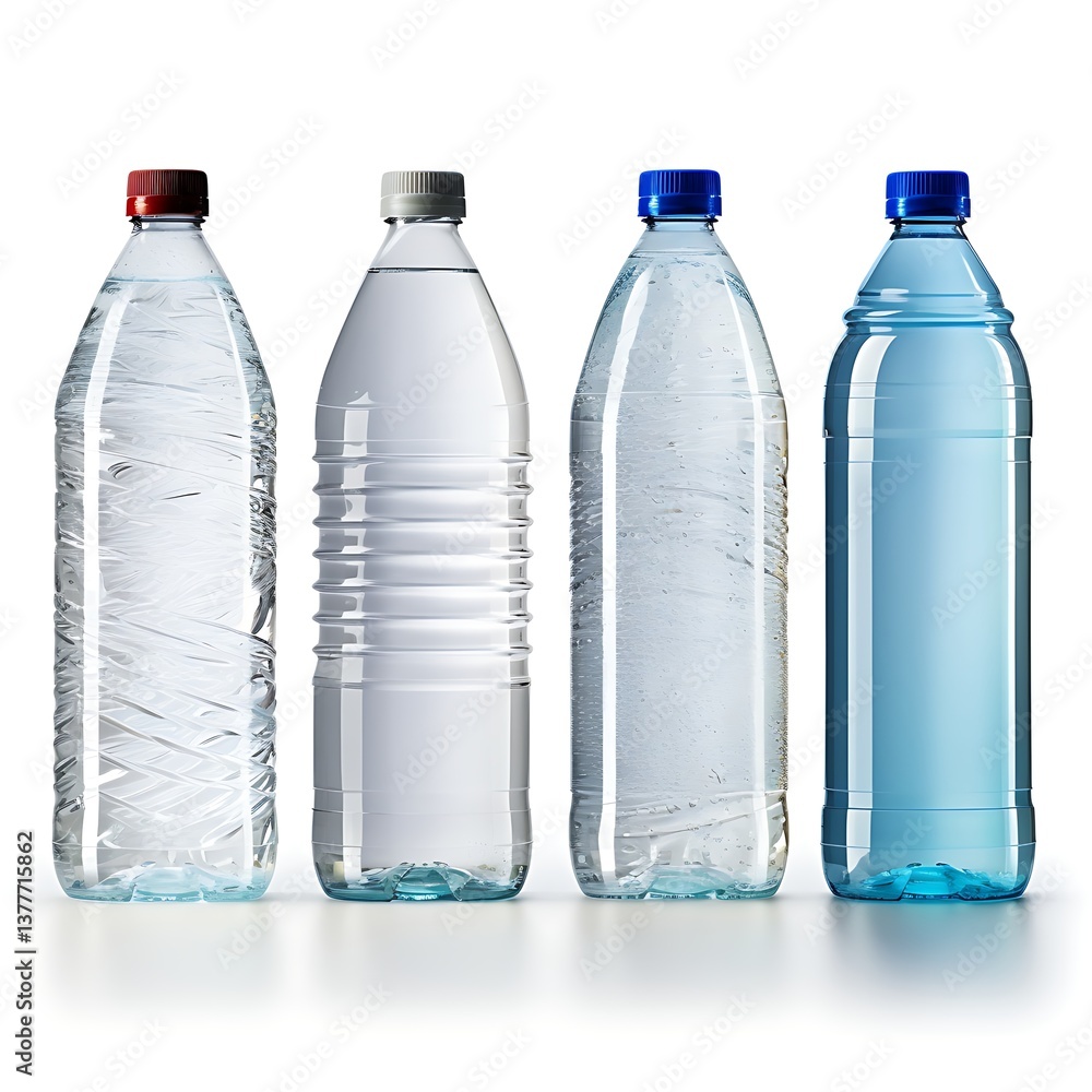 Poster quench your thirst: a series of clear, refreshing water bottles, each with its own unique colored ca