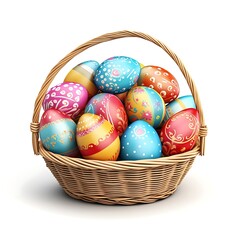 Basket of Easter Delights: A beautifully crafted basket brimming with an array of vibrantly decorated Easter eggs, showcasing intricate patterns and pastel hues, celebrating the joy of the season. 