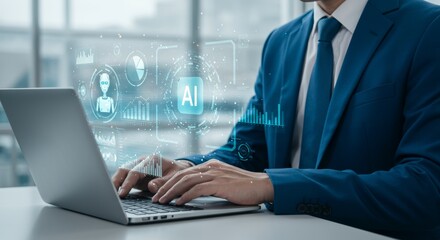 Sophisticated businessman analyzes data with futuristic artificial intelligence interface