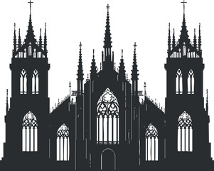 Fototapeta premium Silhouette of a gothic cathedral with tall spires and ornate windows against a white background.